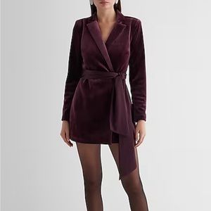 Velvet Long Sleeve Open Back Tie Waist Blazer Romper